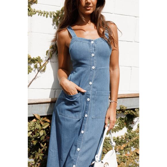 Petal & Pup Bettie Midi Dress Blue Denim Button Down Size Large Cottagecore - Picture 4 of 11